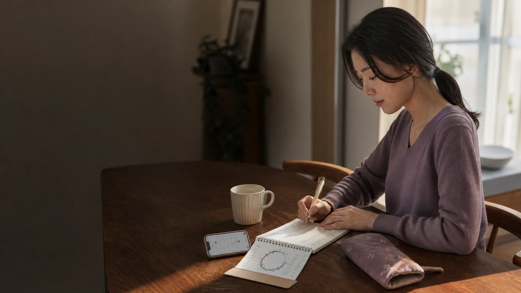 햇살이 드는 집에서 월경 달력과 증상 기록을 차분히 정리하는 한국 성인 여성
